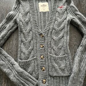 Vintage Y2K Hollister Cardigan Sweater With Pockets Charcoal Grey Cable Knit XS